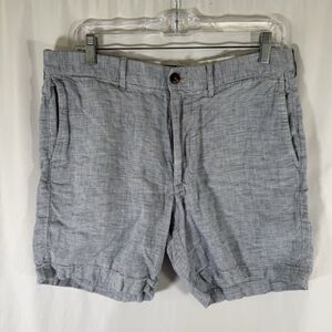 J. Crew 100% Linen Shorts Men's 32 Blue White Striped Chino 7" Inseam Flat Front